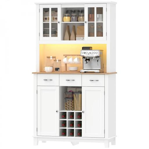 Alacena de Cocina con Iluminación LED Control por APP Encimera para Microondas Botellero Puertas de Vidrio Blanco [9]