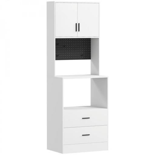 Mueble Auxiliar de Cocina con Soporte para Microondas 2 Cajones 2 Puertas y Panel Perforado de Metal Blanco [4]