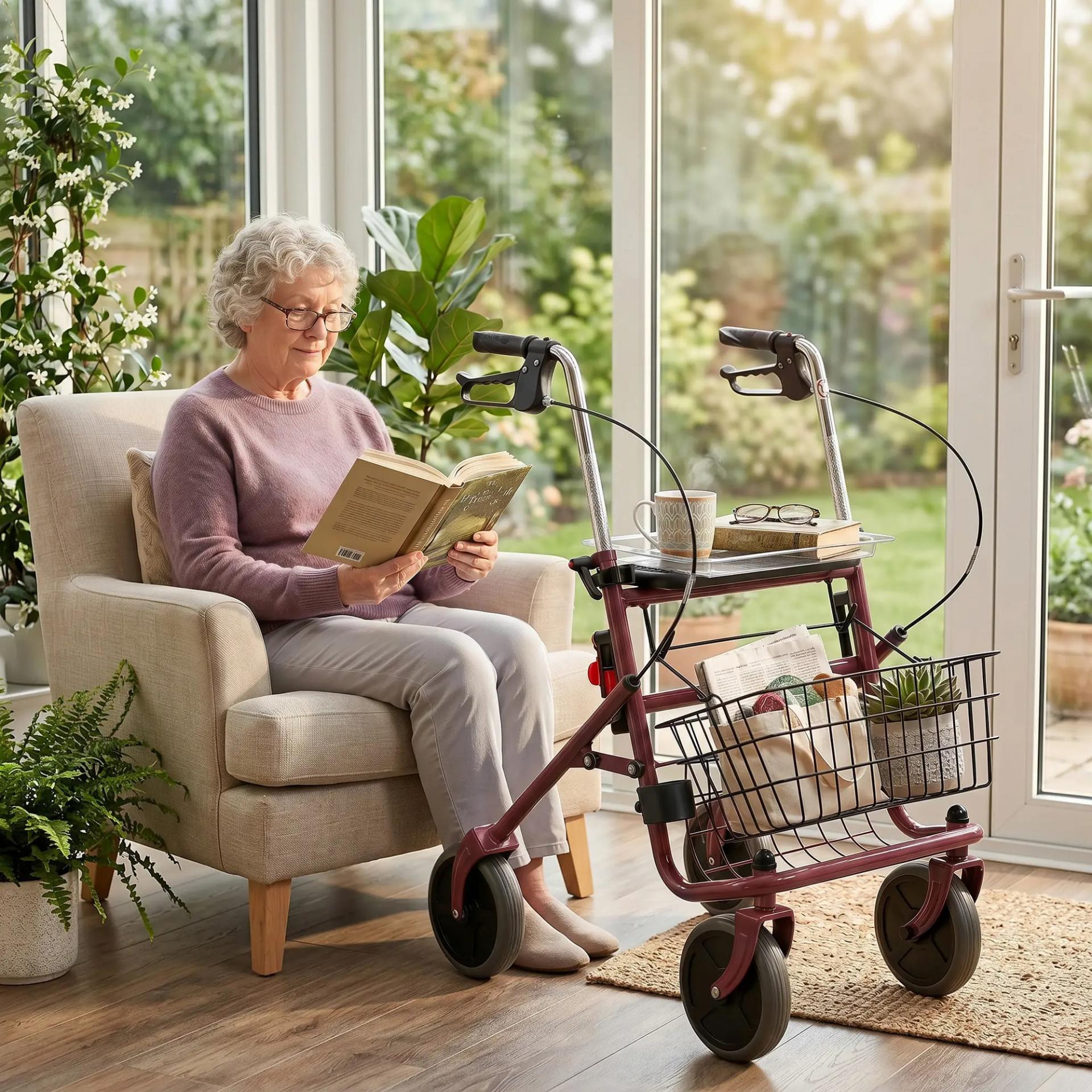 Andador para Ancianos Plegable con Asiento 4 Ruedas Altura Ajustable Frenos de Maneta Cesta Bandeja Porta Bastón Rojo