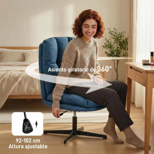 Butaca de Salón Giratorio 360° Altura Ajustable Asiento Ancho Tapizado en Lino Base de Metal Azul Oscuro [5]