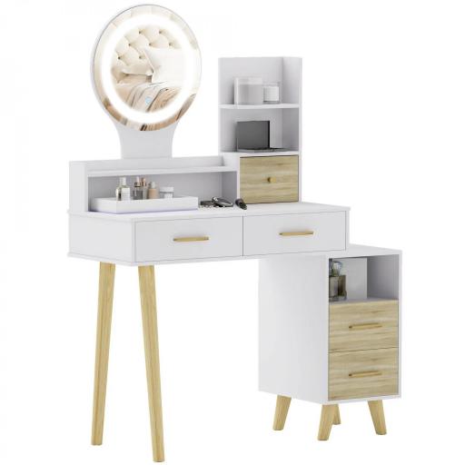 Tocador con Espejo y Luces LED Ajustables con 5 Cajones 4 Compartimentos y 1 Estante 100x44x137 cm Blanco y Natural [8]
