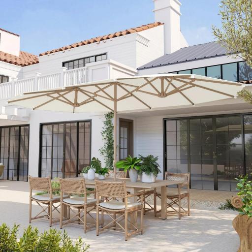 Sombrilla Doble 4,6x2,7 m Sombrilla Grande con Manivela Manual Resistente al Agua y Protección Solar Beige [6]