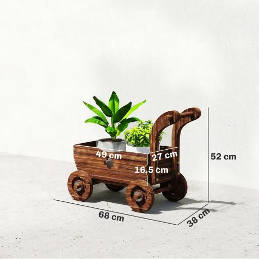 Carretilla de Madera Decorativa Jardinera Elevada con 4 Ruedas Asa Orificios de Drenaje 68x38x52 cm Carbonizado [1]