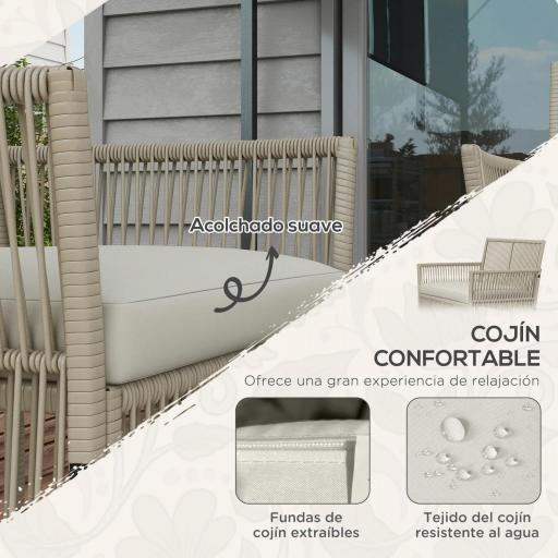 Juego de 4 Piezas Muebles de Terraza con 1 Sofá de 2 Plazas 2 Sillones y 1 Mesa de Centro con Encimera de Cristal Caqui [2]