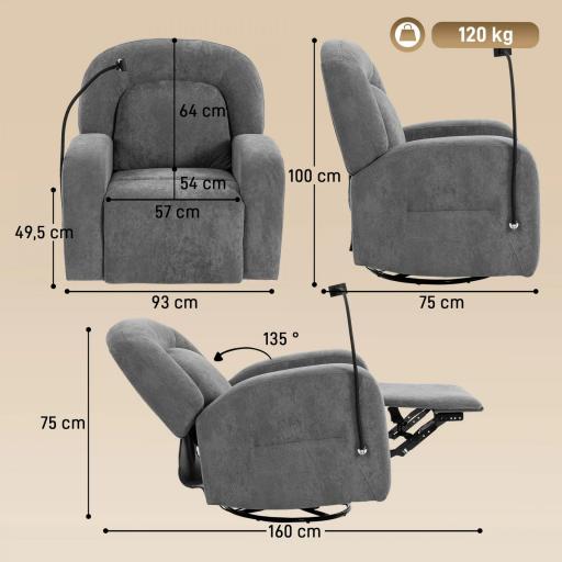 Sillón Relax Reclinable 3 en 1 con Función Mecedora Giratorio 360° Soporte para Teléfono Asiento Amplio Gris [1]