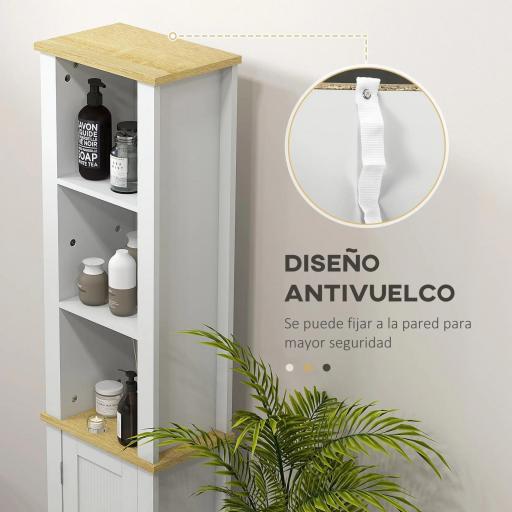 Columna de Baño Armario de Baño con Estantes Abiertos Puerta y Estante Ajustable Diseño Anti-vuelco 34x23x165 cm Blanco [2]