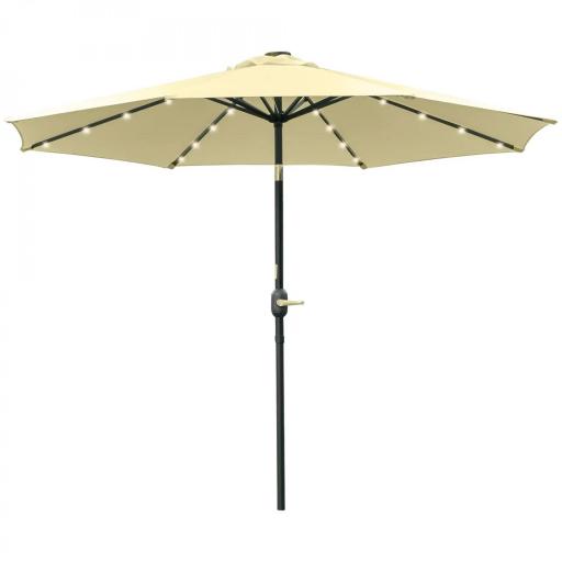 Sombrilla Terraza Exterior Ø265 cm Sombrilla de Jardín con 32 Luces LED Solares Poste de Acero y Manivela Parasol Inclinable para Patio Terraza Beige [9]