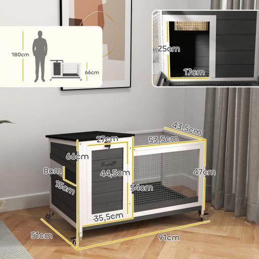 Jaula para Conejos con Techo Asfáltico Abatible Bandeja Extraíble y Ruedas 91x51x66 cm Blanco y Gris Oscuro [1]