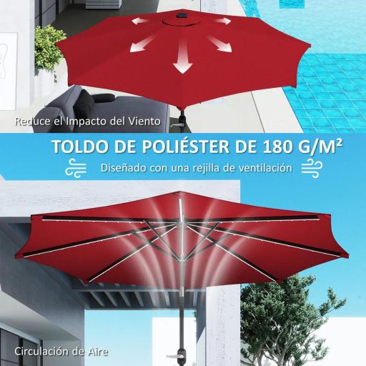 Sombrilla de Jardín Ø292x252 cm con Luces LED Solares Inclinación Ajustable y Manivela para Patio Terraza Burdeos [3]