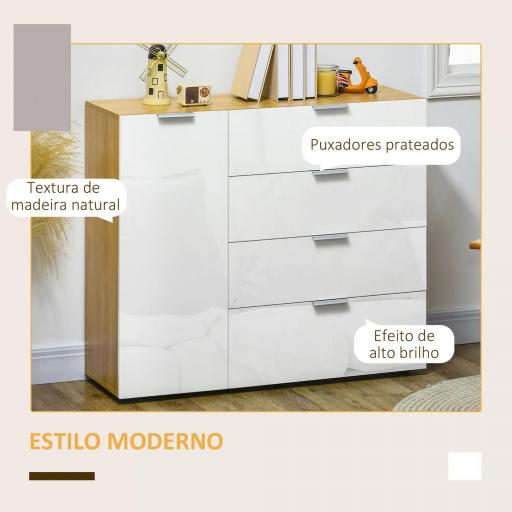 Aparador de Salón Cajonera y Cómoda con 4 Cajones Puerta y Estantes Ajustables 105x35x92 cm Blanco y Natural [6]