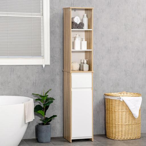 Armario Alto de Baño Mueble Columna de Baño con 1 Puerta Cajón y 3 Estantes Balda Ajustable para Cocina Salón 32,6x30x171,2 cm Madera Natural y Blanco