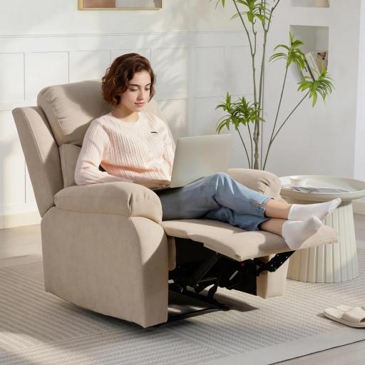 Sillón Relax Reclinable Manual Tapizado en Tela Aspecto Lino Reposapiés Reposabrazos Acolchado Grueso Beige [5]
