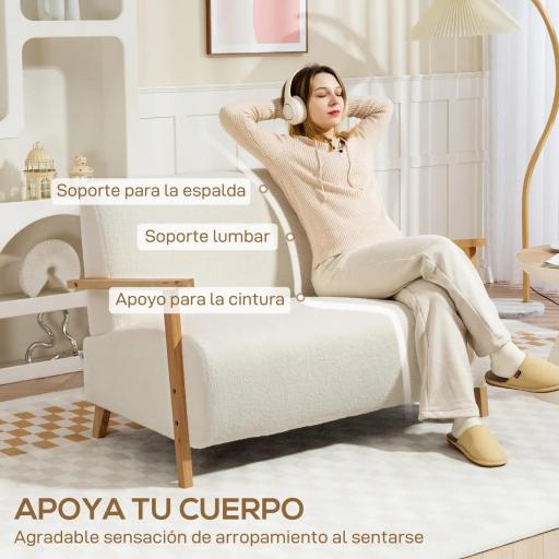 Sofá de 2 Plazas Tapizado en Borreguito 118 cm con Acolchado Grueso Reposabrazos y Patas de Madera Crema [6]