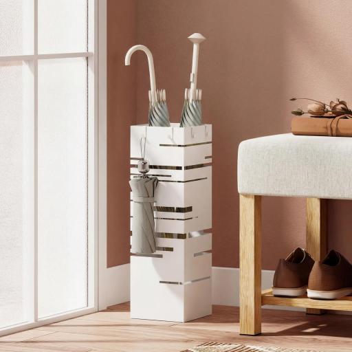 Paragüero Metálico con Bandeja de Goteo y 4 Ganchos, 15,5x15,5x49 cm, Blanco