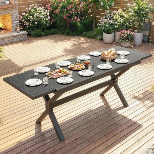 Mesa de Comedor Exterior Extensible 154/214 cm para 8-10 Personas de Aluminio Acero con Tapa Imitación Madera Gris [1]