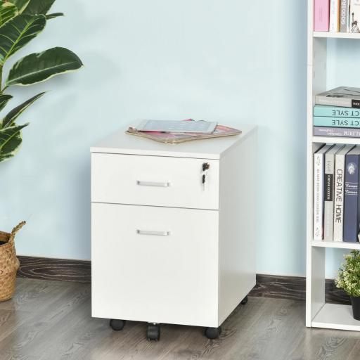 Cajonera de Oficina con Ruedas Mueble Archivador con 2 Cajones para Documentos en Tamaño A4 Cerradura 40x49x58 cm Blanco