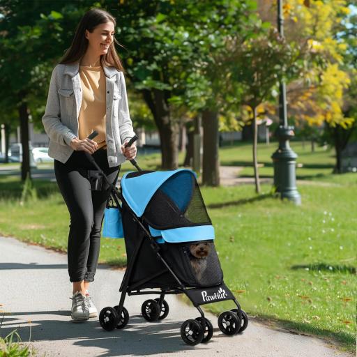 Cochecito para Perros Pequeños con Estructura de Paraguas con Cojín Lavable Portavaso Ventanas de Malla y Bolsa Azul [0]