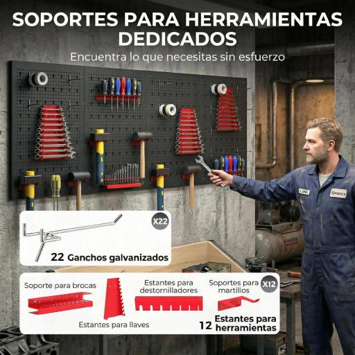 4 Paneles de Herramientas de Pared 38 Piezas cada panel 60x40 cm con Ganchos y Estantes Negro y Rojo [5]