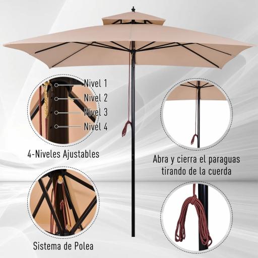 Parasol de Jardín de Metal 3x3x3 m con Doble Techo Impermeable y Manivela para Terraza Balcón Exterior Beige [4]
