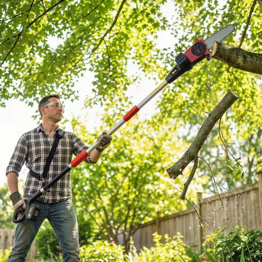 Motosierra Eléctrica Extensible 1,94-2,56 m con 2 baterías 4,0 Ah Cargador Doble Bloqueo Lubricación Automática