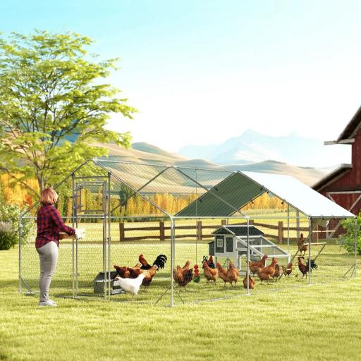 Gallinero Metálico de Exterior de 3x6m con Percha Multiusos Comedero Colgante Tipo Brocheta y Lona Protectora Resistente