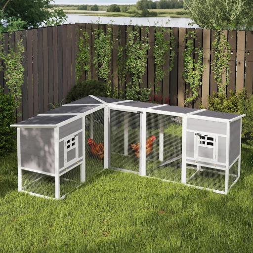 Gallinero de Madera Grande Exterior en L para Esquina con 2 Nidos Corral Bandejas Extraíbles 251x192x103 cm Gris
