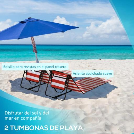 Conjunto de 2 Esterillas de Playa Plegable con Respaldo Reclinable y Bolsa de Transporte 142x51x40 cm Rojo y Blanco [3]