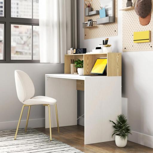 Escritorio 110x50x102,6 cm Mesa de Escritorio con 2 Compartimentos Abiertos y Estante Blanco y Madera Natural [6]