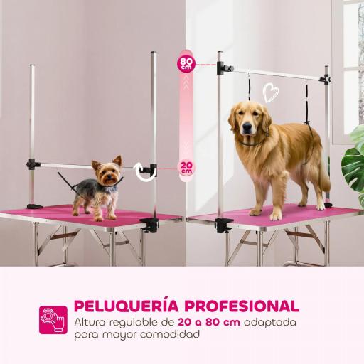 Mesa de Peluquería Canina Plegable con Cesta Metálica Barra de Acero Inoxidable Ajustable 107x60x164 cm Rosa [4]
