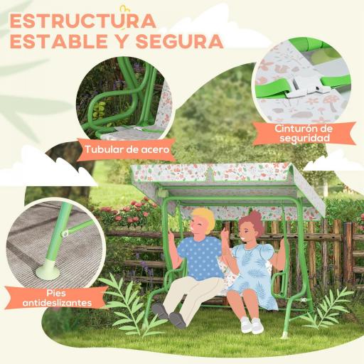 Columpio de Jardín Exterior para Niños de +3 Años con Toldo Ajustable Arnés de Seguridad 112x75x120 cm Verde [5]