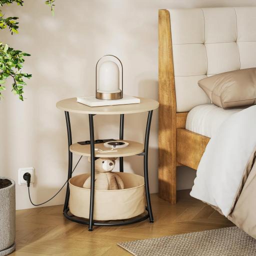 Mesa Auxiliar Redonda de 3 Niveles con Estación de Carga 3 Estantes y Bolsa para Salón Dormitorio Ø50x55,1 cm Natural [5]
