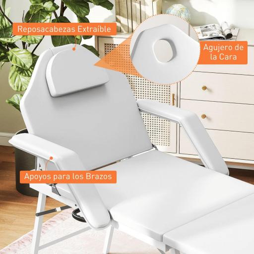 Camilla Masaje Plegable Portátil de 3 Zonas con Respaldo Ajustable Reposacabezas Reposabrazos 182x82x68 cm Blanco [5]