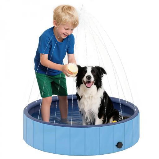 Piscina para Perros Medianos y Pequeños Plegable con Aspersor de PVC Antideslizante Resistente Ø100x30 cm Azul Claro [8]
