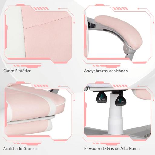 Silla Gamer Reclinable con Altura Ajustable Reposapiés Retráctil Soporte Lumbar y Reposacabezas Desmontable Rosa [2]