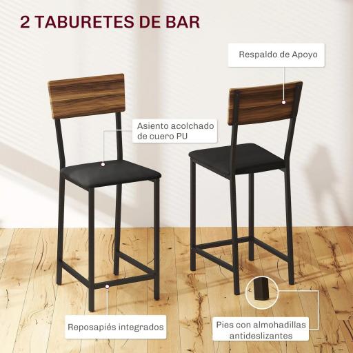 Conjunto de Mesa de Bar con Laterales Abatibles Soporte para Vinos y 2 Taburetes de Estilo Industrial Marrón y Negro [4]