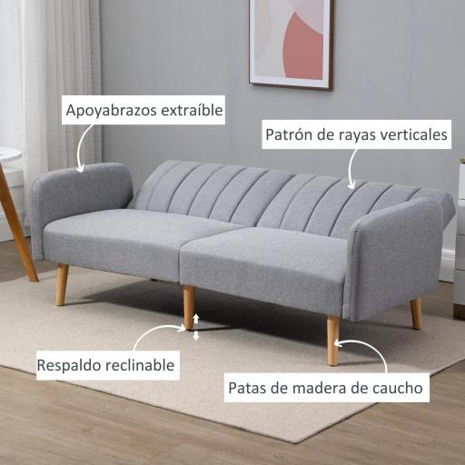 Sofá Cama de 3 Plazas Moderno 173x75x73 cm Sofá Cama Plegable Tapizado en Lino Sintético con Respaldo Ajustable en 3 Niveles y Reposabrazos Desmontables para Salón Oficina Gris [4]