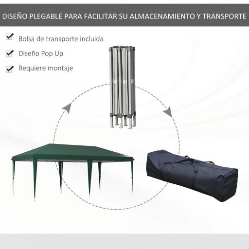 Cenador de Jardín 6x3 m Gazebo con Altura Ajustable en 3 Niveles Bolsa de Transporte Marco de Acero Anti-UV Verde [8]