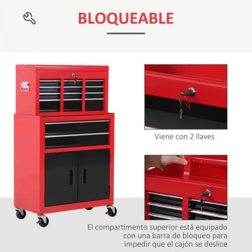 Carro de Herramientas con Baúl Superior 6 Cajones Armario Cerradura 4 Ganchos para Garaje Hogar Rojo [7]