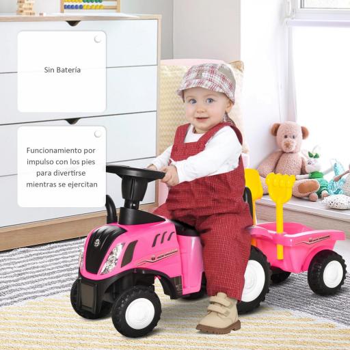 Tractor sin Pedales para Niños de 12-36 Meses con Remolque Extraíble Coche Correpasillos con Bocina Faros Pala Asiento de Suelo 25 cm y Rastrillo Carga 25 kg 91x29x44 cm Rosa [5]
