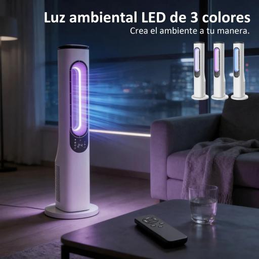 Ventilador de Torre sin Aspas con Luces LED Control Remoto 3 Velocidades 3 Modos Temporizador 15H Oscilación 50° Blanco [2]