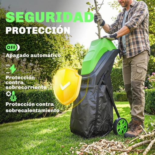 Trituradora de Ramas Eléctrica 2500W con 2 Cuchillas Reversibles hasta Ø44 mm de Ramas Bolsa 45L Ruedas Verde [4]