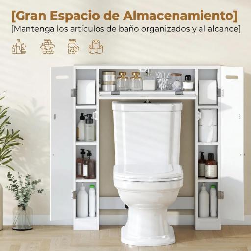 Mueble sobre Inodoro con 2 Armarios Cajón Abatible Portapapeles y Estantes Ajustables 88x18x98 cm Blanco [5]