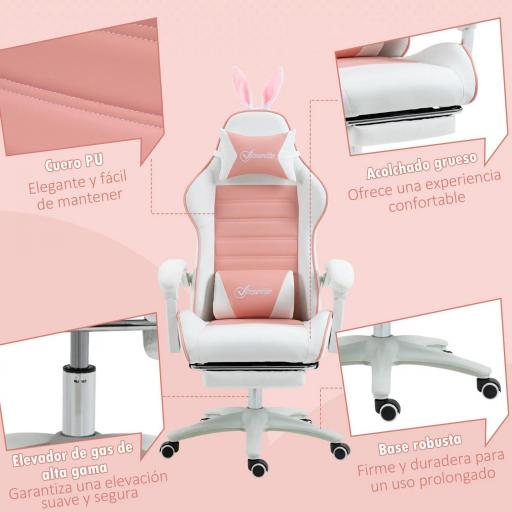 Silla Gaming Profesional de Cuero PU con Altura Ajustable Inclinable 135° Reposacabezas 65x63x136-142 cm Rosa y Blanco [5]