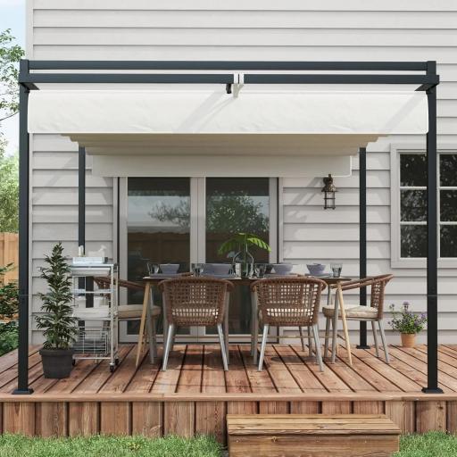 Cenador de Jardín 3x4 m con Techo Retráctil de Poliéster y 12 Orificios de Drenaje Pérgola para Terraza Blanco y Gris [7]