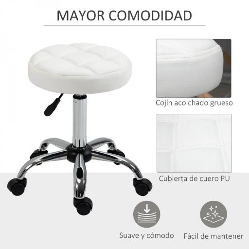 Taburete Giratorio con Ruedas Regulable en Altura de 48-63 cm Taburete de Trabajo Tapizado en Cuero PU para Peluquería Cosmética Dentista Diámetro Ø35,5 cm Blanco [5]