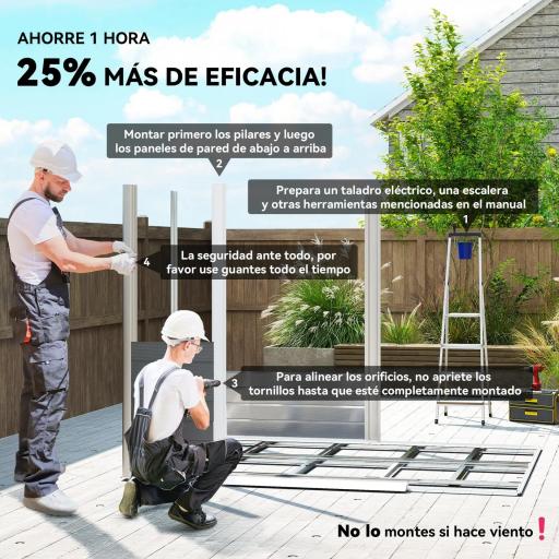 Cobertizo de Jardín Exterior 4,4 m² 240x206x198 cm con Base Puerta Corredera y Cerradura 4 Ventanas para Patio Gris [2]
