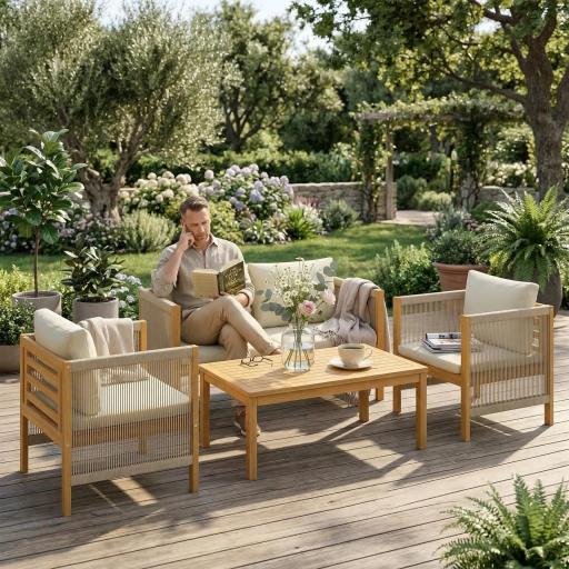 Conjunto de Muebles de Jardín de 4 Piezas con Sofá 2 Plazas 2 Sillones Mesa de Madera Cojines y Cuerda PP Beige [5]