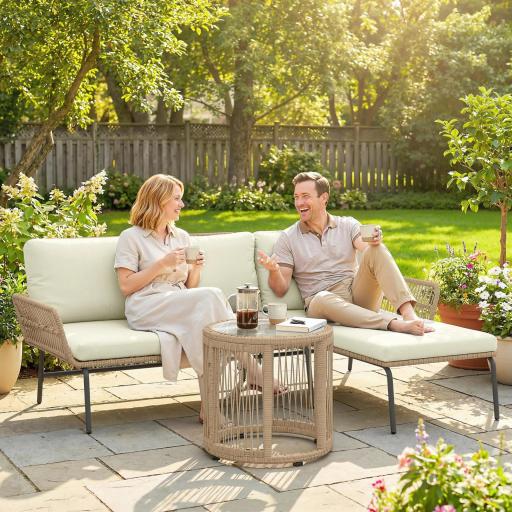 Conjunto de Muebles de Jardín Exterior de Ratán con Sofá de 2 Plazas Chaise Longue Cojines y Mesa Auxiliar Crema [2]