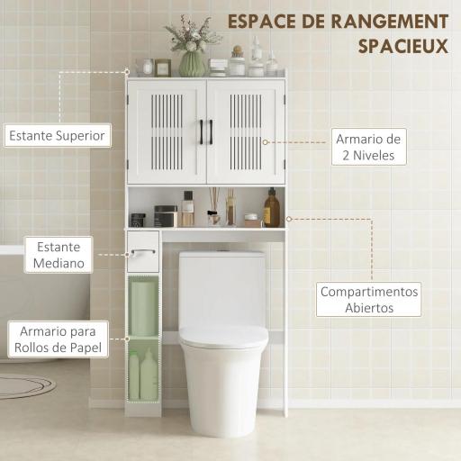 Estantería sobre Inodoro con Estante Ajustable 2 Puertas Soporte para Papel Higiénico y Estantes Abiertos para Baño Blanco [2]