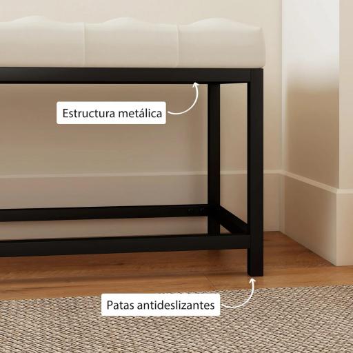 Banco Pie de Cama Tapizado en Terciopelo Diseño Capitoné Base de Metal para Dormitorio Entrada Salón Crema [6]